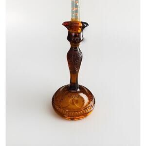 Vintage 8.5” T Tierra Amber Brown Press Cut Glass Candlestick Holder Home Decor